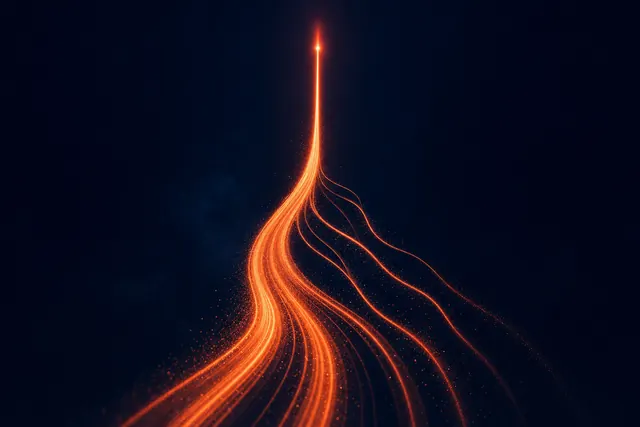 A coral light-ribbon rising like revenue, with thin streams peeling off to leave a slimmer true-profit beam on midnight navy