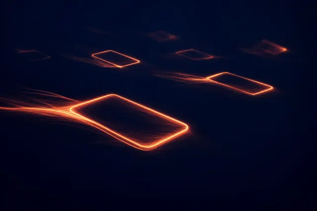 Floating ad cards of coral light fading and dimming as their light-ribbons slow, on midnight navy