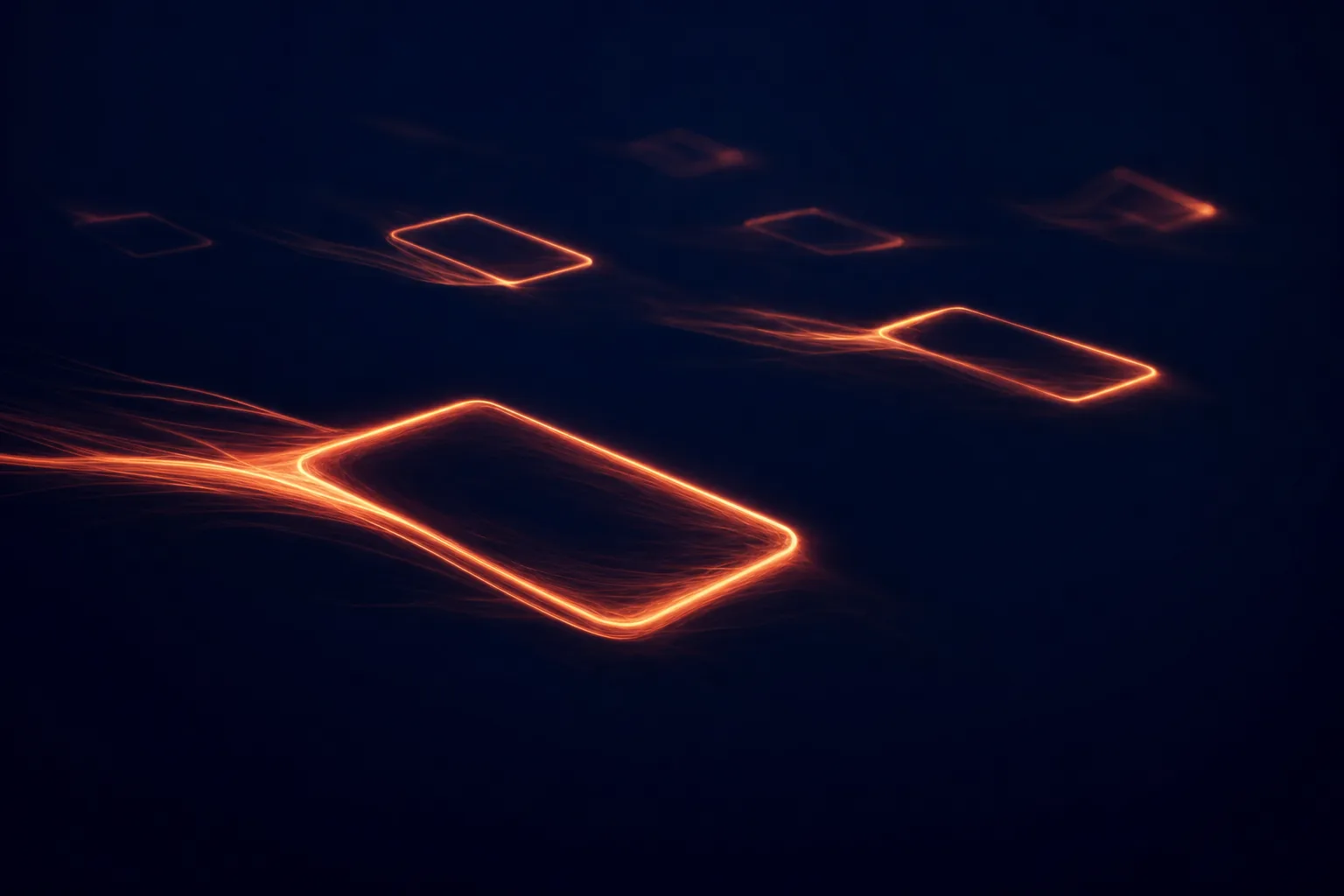 Floating ad cards of coral light fading and dimming as their light-ribbons slow, on midnight navy