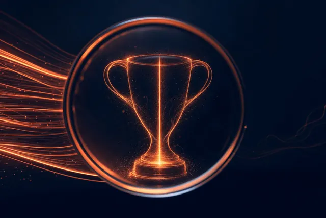 A coral lens revealing a hollow glowing trophy of light with a thinner solid beam inside, on midnight navy