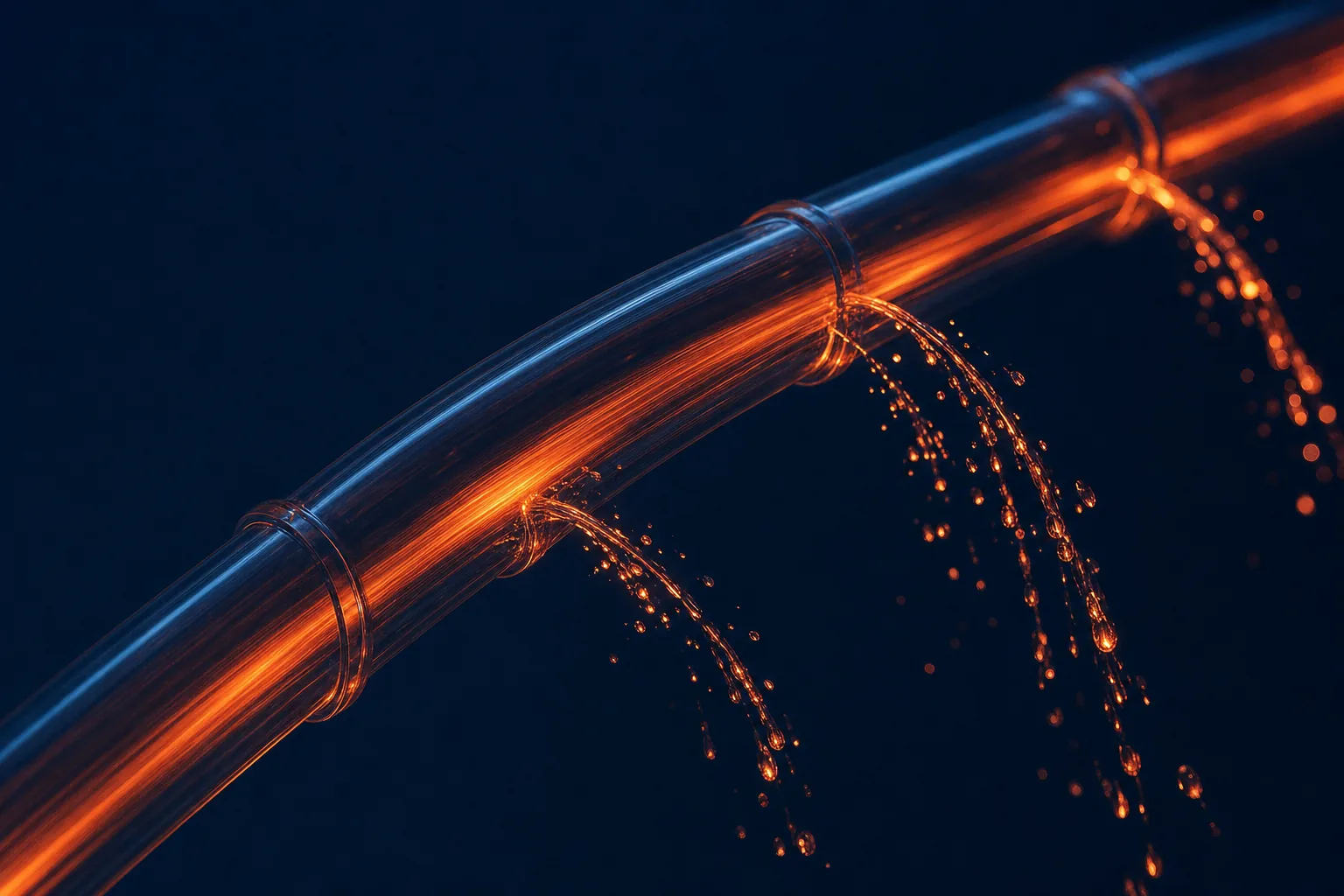 A fast stream of coral light flowing through a pipe with small leaks spraying glowing droplets into darkness