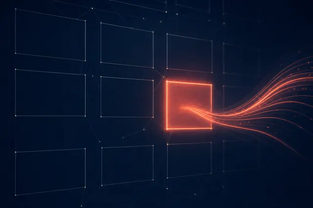An AI lattice scanning dim ad frames, with one frame lit coral and a light-ribbon launching from it