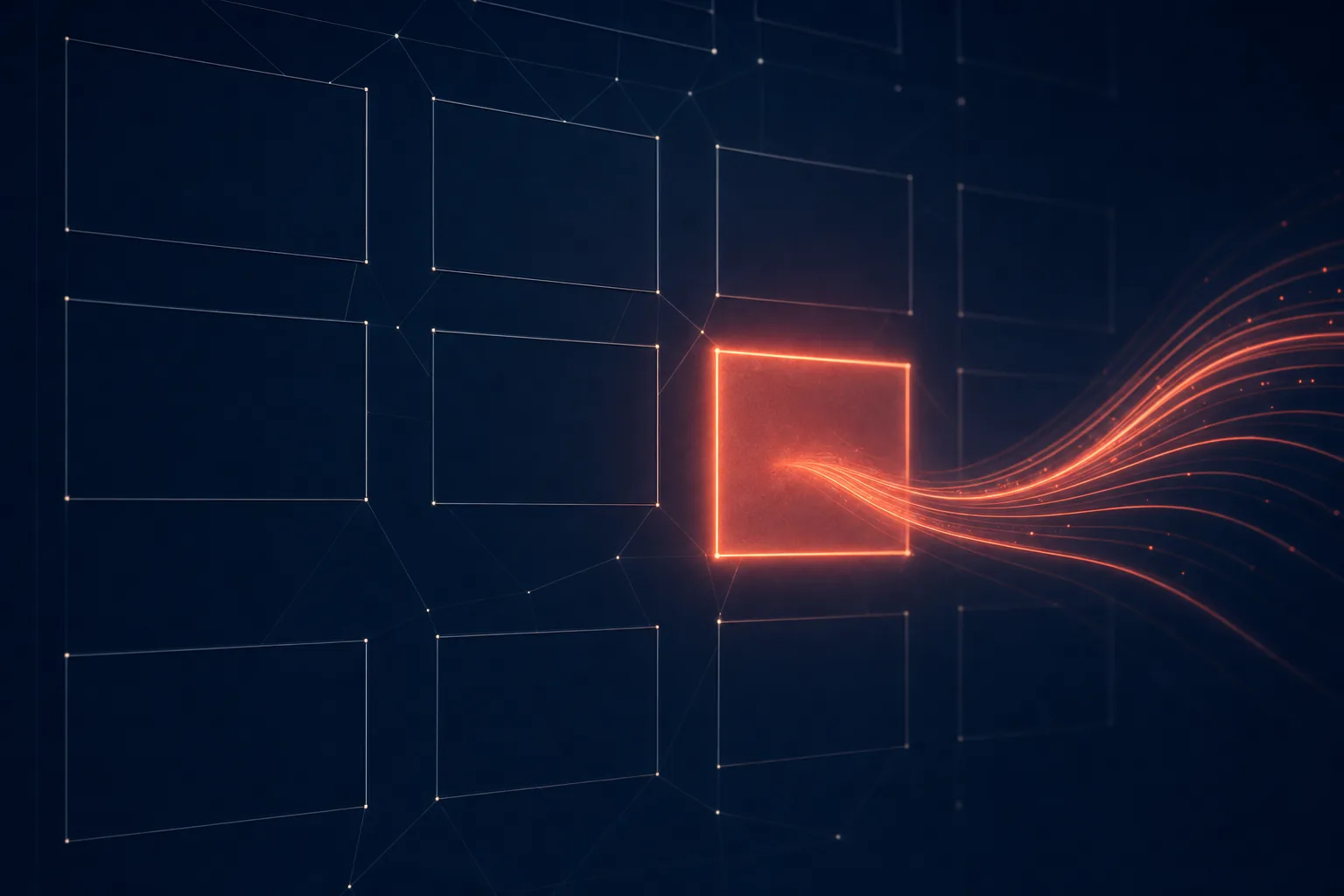 An AI lattice scanning dim ad frames, with one frame lit coral and a light-ribbon launching from it