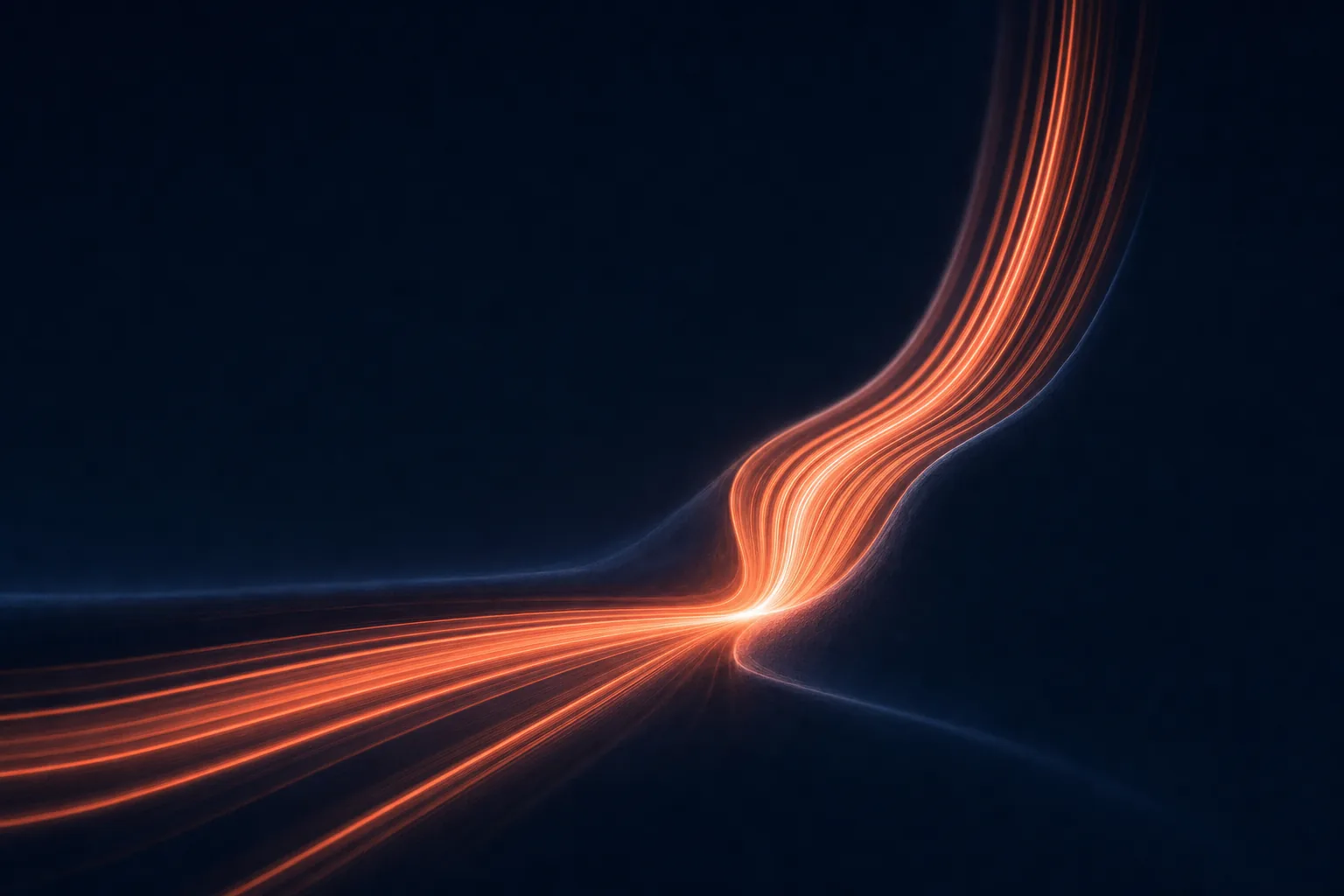 Streams of coral light rerouted at a glowing junction from a flattening channel into a rising one