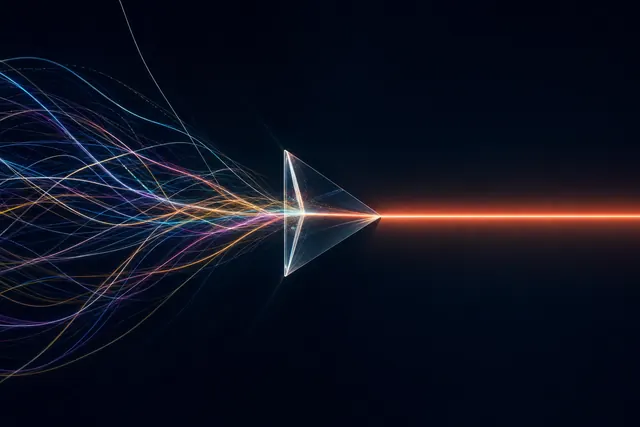 A storm of tangled light-ribbons converging through a prism into one clear coral beam on midnight navy