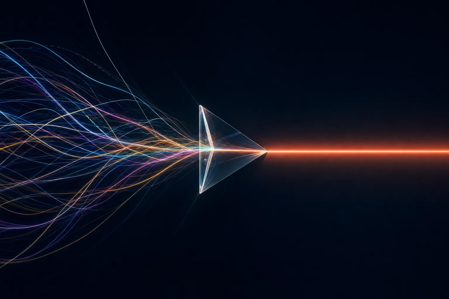 A storm of tangled light-ribbons converging through a prism into one clear coral beam on midnight navy