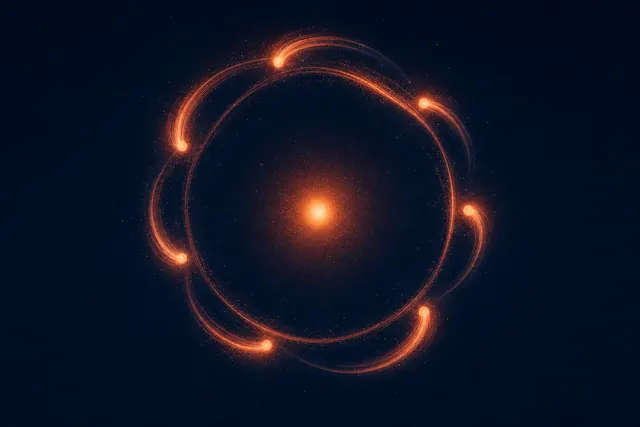 A circular orbit of coral light-ribbons forming a weekly loop around a calm glowing core on midnight navy