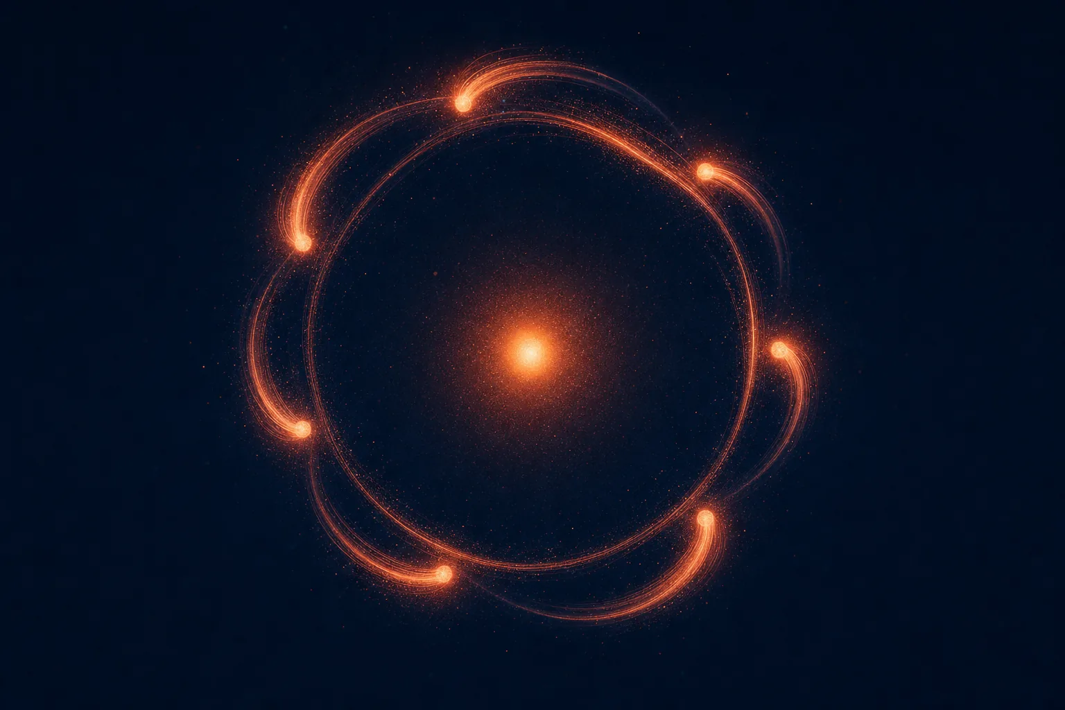 A circular orbit of coral light-ribbons forming a weekly loop around a calm glowing core on midnight navy